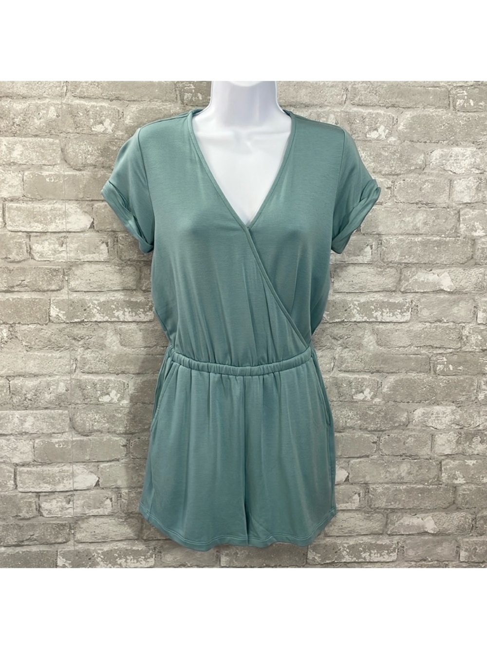 Lou & Grey Sage Green Faux-Wrap Short Romper